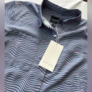 Wildfang The Empower Button Up Short Sleeve Blue Pink Waves NWT Sz Medium